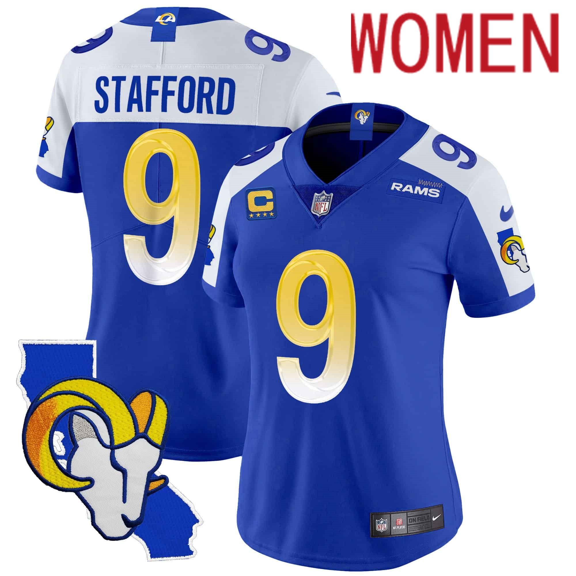 Women Los Angeles Rams #9 Stafford Blue 2024 Nike California Patch Vapor Limited NFL Jersey